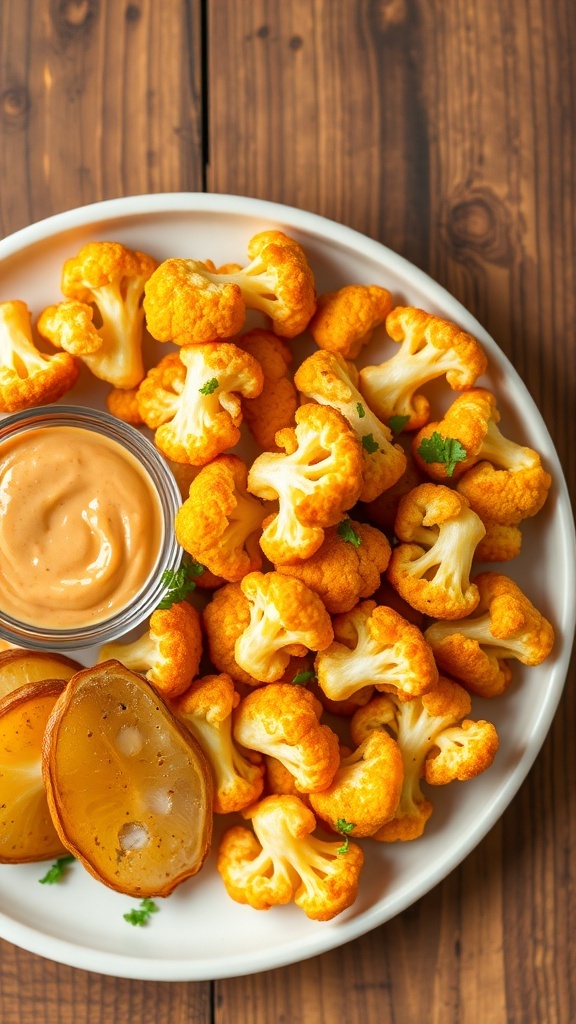 Crispy cauliflower fries served with dipping sauce on a rustic wooden table.